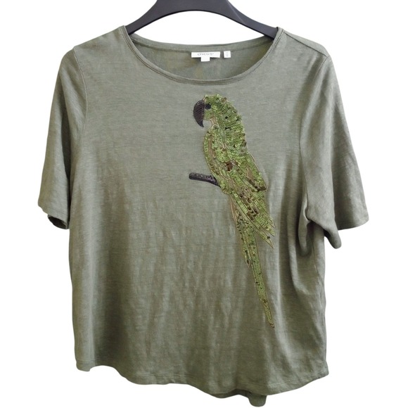 Chico's Top Sequin Parrot 100% Linen Beachy Tropical Olive Green Size 3 (XL) - Picture 1 of 5